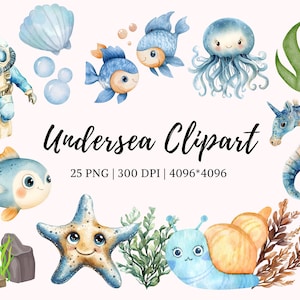 Sea Animal Clipart Bundle png, Undersea Watercolor Clipart Bundle, Ocean Animal Clipart, Undersea Clipart Bundle, Baby Wall Art Clipart