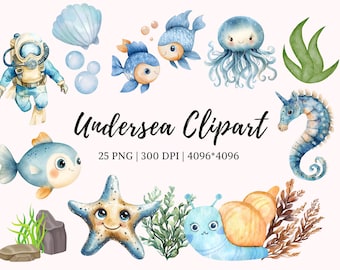 Bundle de cliparts animaux marins png, lot de cliparts aquarelle sous-marin, océan des cliparts animaux, lot de cliparts sous-marins, clipart art mural bébé