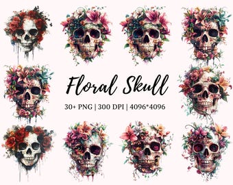 May include: A collection of digital illustrations featuring colorful floral arrangements surrounding a white skull. The text "Floral Skull" is written in black cursive script below the images. The text "30+ PNG | 300 DPI | 4096*4096" is written in black below the title.