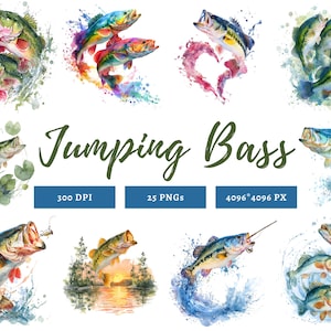Jumping Bass Fish Clipart png Bundle, Jumping Bass Fish Collection Clipart, Funny Bass Fish Clipart, Watercolor Fish Clipart
