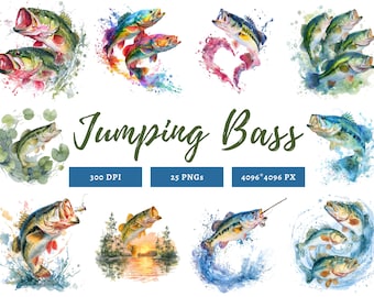 Jumping Bass Fish Clipart png Bundle, Jumping Bass Fish Collection Clipart, Funny Bass Fish Clipart, Watercolor Fish Clipart