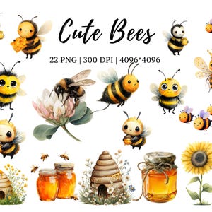 May include: Watercolor illustration featuring various cute bees, honey jars, a beehive, and a sunflower. The text "Cute Bees" is displayed at the top. The image includes 22 PNG files at 300 DPI and 4096x4096 pixels.