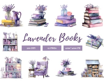 Pacchetto di clipart di libri di lavanda ad acquerello, clipart di libri di lavanda png, clipart di libri png, clipart di lavanda, clipart di libri floreali png