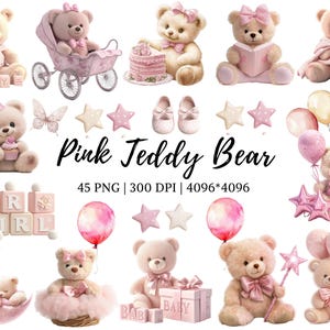 Teddy Bär Clipart png, Rosa Teddy Bär Clipart Bundle png, Aquarell Teddy Bär Clipart, Baby-Dusche Clipart, niedlichen Teddy Bär Clipart