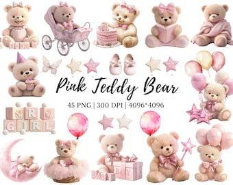 Teddy Bear Clipart png, Pink Teddy Bear Clipart Bundle png, Watercolor Teddy Bear Clipart, Baby Shower Clipart, Cute Teddy Bear Clipart