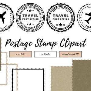May include: A collection of black and white postage stamp clipart. The designs include circular stamps with airplanes and text that reads "Postal Service", "Travel", and "Post Office". Also included are blank postage stamp outlines and textured backgrounds.