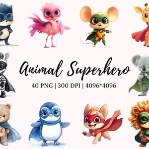 Aquarell Tier Superhelden Clipart-Bundle, Tier Superheld png, Superheld Clipart, niedliches Tier Superheld png, niedliches Baby Tier png