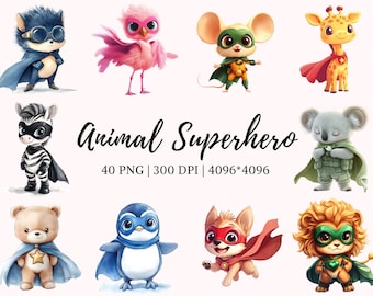 Aquarel dierlijke superhelden clipartbundel, dierlijke superheld png, superheld clipart, schattige dierlijke superheld png, schattige baby dier png