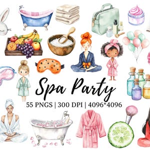 Paquete de imágenes prediseñadas de fiesta de spa en acuarela (PNG), imágenes prediseñadas de fiesta de spa, imágenes prediseñadas de baño y spa, imágenes prediseñadas de chica glamurosa (PNG), imágenes prediseñadas de chica de spa (PNG)