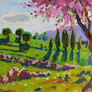 Pintura acrílica original sobre cartón. No es una impresión. Hecha a mano. Una hermosa pintura de paisaje. Paisaje primaveral. Boceto. Pequeña imagen original.