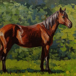 Origineel schilderij paard, paard in de natuur, bruin paard, landelijk decor, landschap met paarden, acrylkunst, interieur, uniek cadeau, dierenschilderij