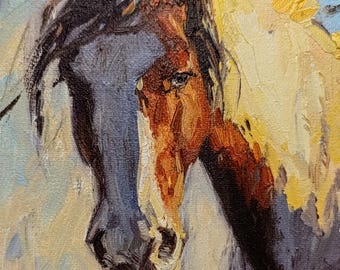 歩く馬のオリジナルヴィンテージ油絵/まだら模様の馬/ペイントポニー