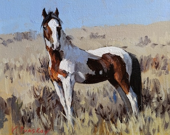 Schilderij van een Pinto-paard: Origineel landschapsschilderij in acrylverf (10x8 inch)