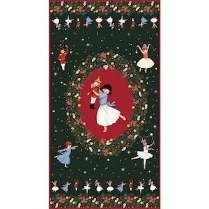 May include: A dark green fabric panel featuring illustrations of ballet dancers and a central oval design. The oval contains a girl dancing with a nutcracker doll. The panel is decorated with floral and star motifs, and has a red border.