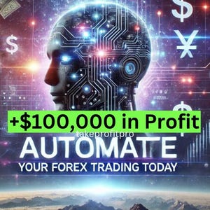 Può includere: Un'illustrazione digitale di una testa di robot con un design di circuito stampato. Lo sfondo è una galassia colorata con stelle e pianeti. Il testo recita "+$100.000 di profitto takeprotitpro AUTOMATIZZA IL TUO TRADING FOREX OGGI".