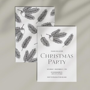 Bearbeitbare Weihnachtspartyeinladung, schwarzweiße Karte, Weihnachtskarte, doppelseitige Vorlage, Neujahrseinladung, Weihnachtsbaumkarte