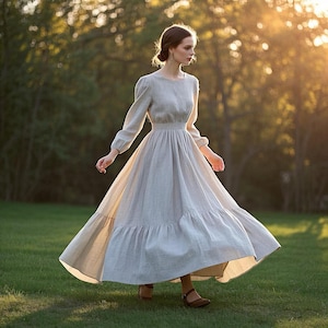 Romantic Linen Tiered Maxi Dress, Vintage-Inspired Long Sleeve Dress, Cottagecore Flowy Prairie Dress,  Handmade Rustic Dress, Custom Dress