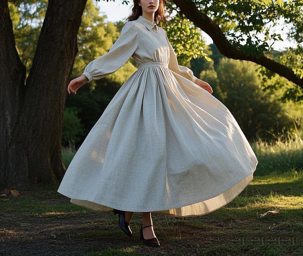 Elegant Cottagecore Linen Dress Vintage Prairie Maxi Dress Long Sleeve Collared Dress Flowy A-Line Dress Handmade Rustic Dress Custom Dress