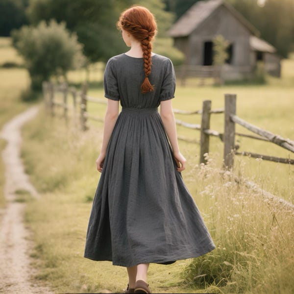 Romantic Linen Midi Dress, Scoop Neck Puff Sleeve Dress with Pockets, Summer Dress for Women, Garden Party Dress