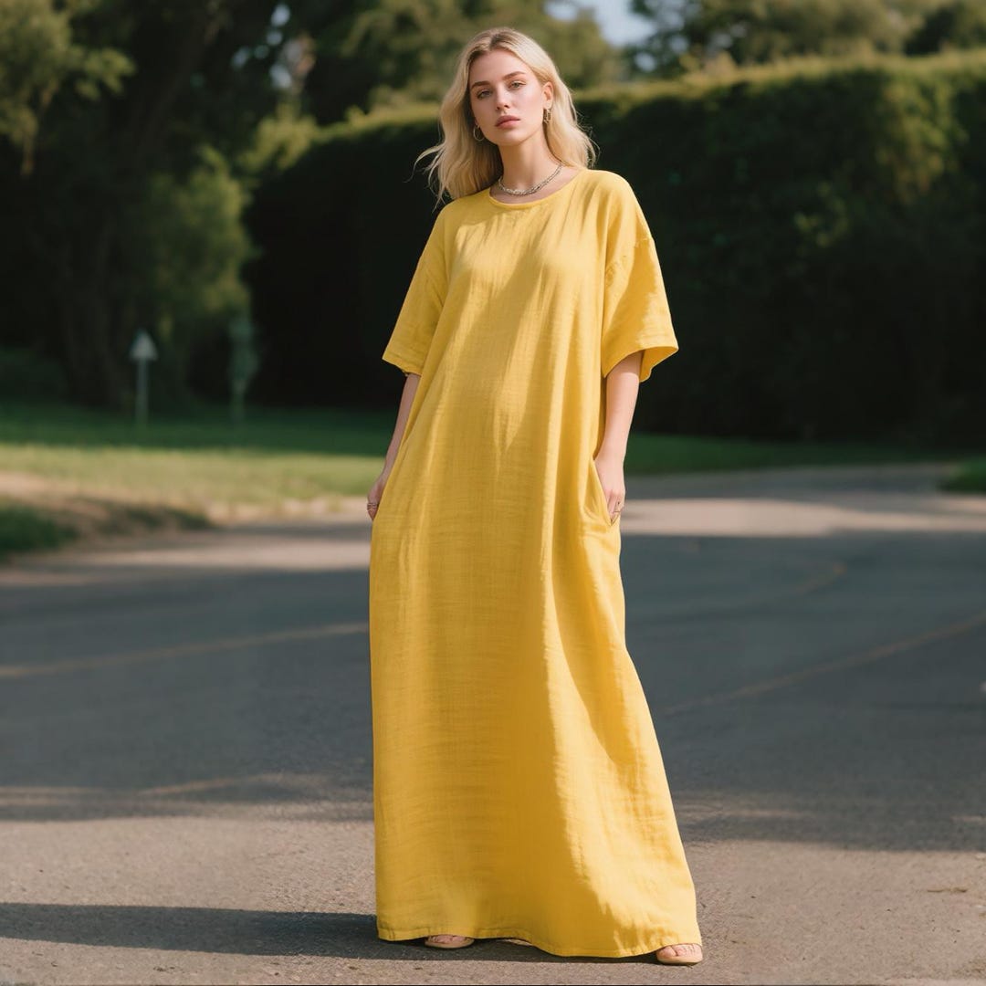 Long Linen Dress With Pockets, Plus Size Boho Maxi Dress, Soft Casual ...