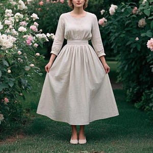 Romantic Linen Maxi Dress, Vintage 3/4 Sleeve Dress, Cottagecore Garden Party Dress, Handmade Flowy Prairie Dress, Elegant Rustic Dress