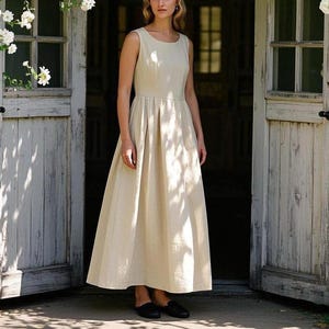 Linen Maxi Dress with Pockets, Sleeveless Cottagecore Dress, Handmade Flowy Summer Dress, Elegant Vintage-Inspired Clothing, Custom Dress