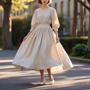 Elegant Linen Maxi Dress, Vintage-Inspired Puff Sleeve Dress, Romantic Flowy Cottagecore Dress, Handmade  Dress, Swing Dress, Custom Dress