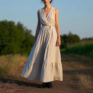 Romantic Linen Maxi Wrap Dress Sleeveless Tiered Hem Cottagecore Summer Dress Rustic Bridal Guest Dress Linen Clothing Women Custom Dress