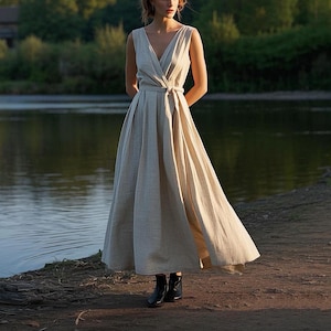 Sleeveless Linen Wrap Dress Rustic A-Line Maxi Dress for Women Summer Dress Handmade Linen Gown Cottagecore Bridesmaid Dress Custom Dress
