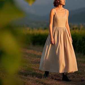 Rustic Linen Maxi Dress Sleeveless Cottagecore Sundress Spaghetti Strap Boho Summer Dress Flowy Dress Minimalist Prairie Dress Custom Dress