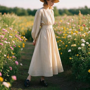 Romantic Linen Maxi Dress, Vintage High Neck Prairie Dress, Cottagecore Flowy Dress, Handmade Rustic Linen Dress, Swing dress, Custom Dress