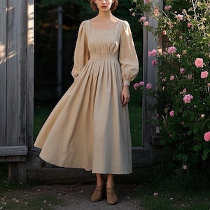 Romantic Linen Cottagecore Dress, Vintage Long Sleeve Round Neck Dress, Prairie Flowy Maxi Dress, Handmade Rustic Linen Dress, Custom Dress