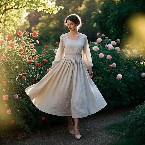 Romantic Linen Flowy Dress, Vintage Long Sleeve Cottagecore Maxi Dress, Handmade Prairie Dress, Elegant Rustic Linen Dress, Custom Dress