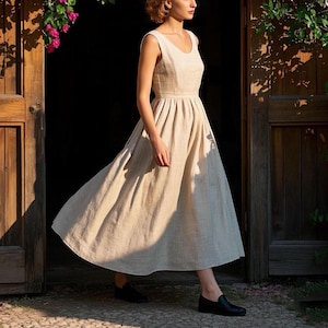 Handmade Linen Maxi Dress Sleeveless Cottagecore Summer Dress Vintage Prairie A-Line Dress Women Rustic Wedding Guest Dress Custom Dress