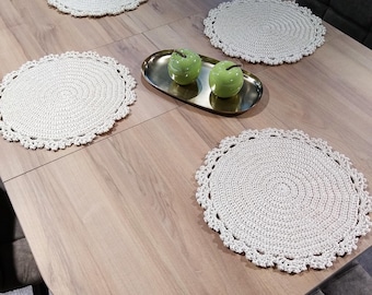 Crochet  Placemat Set, Cream Dining Plate Chargers, Boho Farmhouse Table Decor, Cottagecore Style