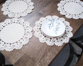 Crochet Placemat Set, Round Cotton Table Mats, Handcrafted Farmhouse Placemats, Cottagecore Kitchen Decor