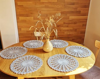 Crochet Placemats, Set of 4/ 6, Round Gray Placemats, Boho Farmhouse Table Decor, Cottagecore Gift