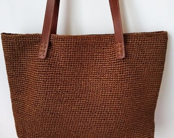 Handmade Raffia Crochet Tote Bag: Summer Fashion Bag With Leather Straps