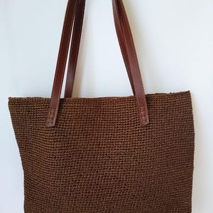 Crochet Tote Bag, Tote Shoulder Bag, Leather Handbag, Brown Summer Bag, Handmade Bag, Crochet Shoulder Bag, Raffia Bag,Sister Birthday Gift