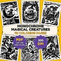 Monochrome Coloring Book Pages – 40 Enchanted Magical Creature One Color Printable PDF, Instant Download