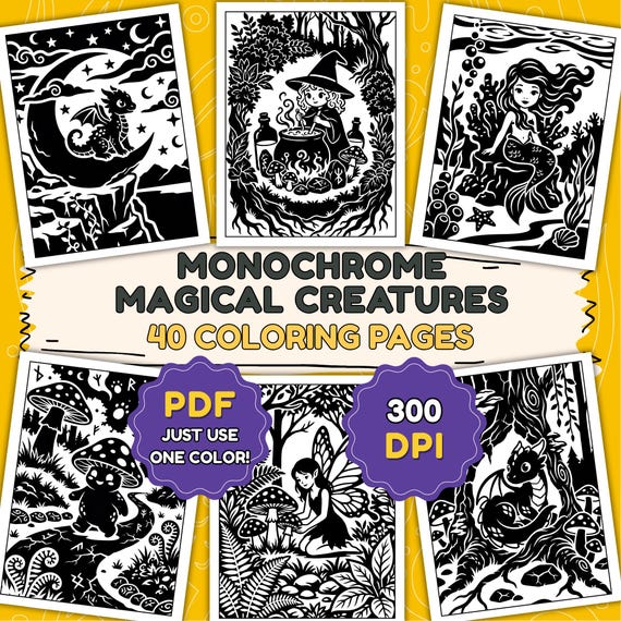 Monochrome Coloring Book Pages – 40 Enchanted Magical Creature One Color Printable PDF, Instant Download