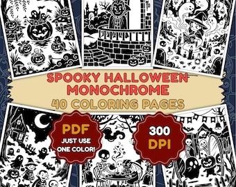 Monochrome Halloween Coloring Book – 40 Spooky One-Color Scenes Printable PDF, Instant Download