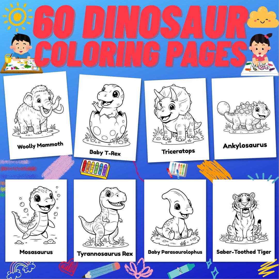 60 Dinosaur Coloring Pages for Kids, Printable Activity Sheets (8.5x11 ...