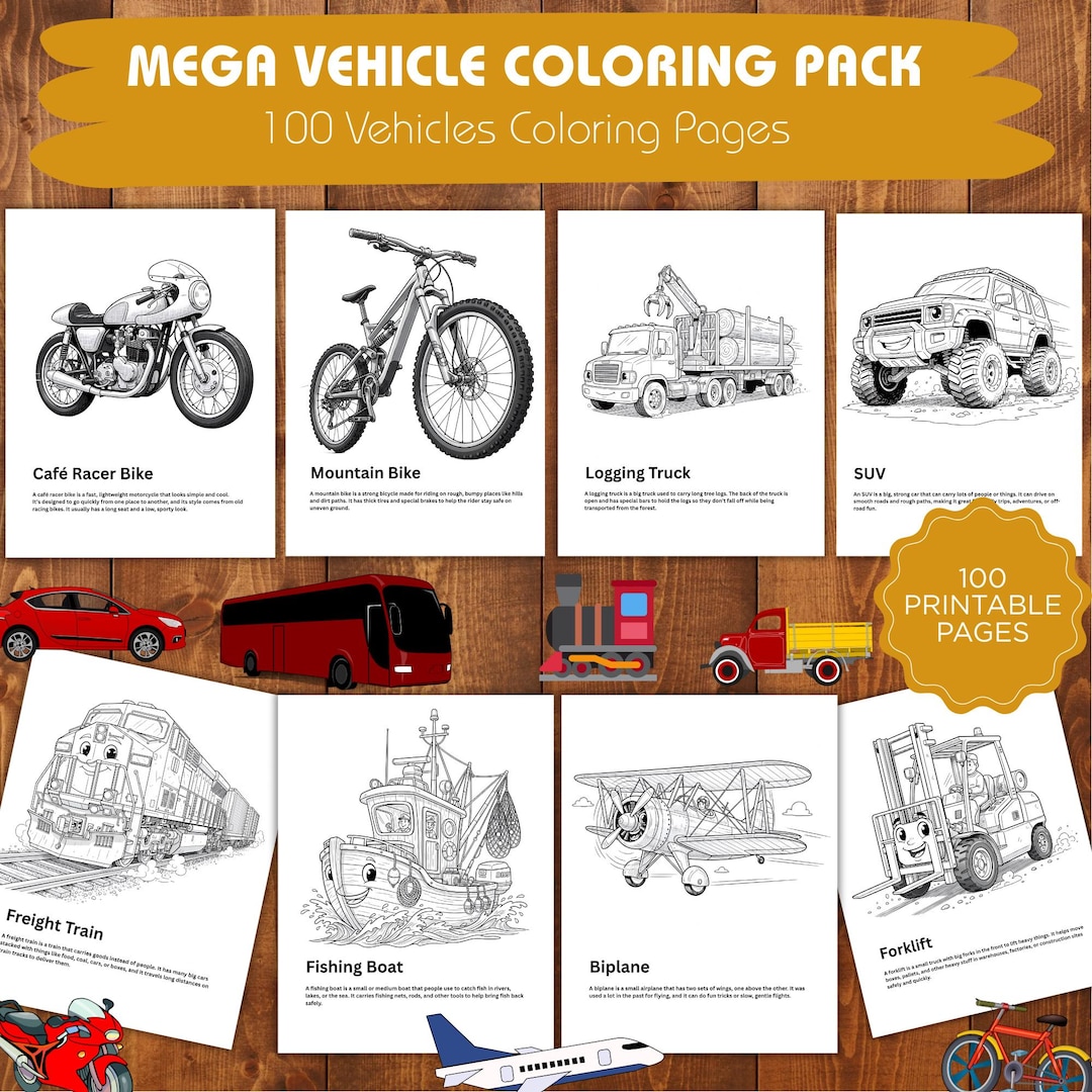 100 Vehicle Coloring Pages, Transportation Printables (8.5x11) (digital ...