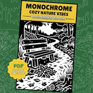 Libro da colorare monocromatico a tema natura – 40 disegni in PDF stampabili a un colore per adulti, download immediato
