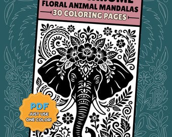 Floral Animal Mandalas Monochrome Coloring Book – 30 One Color Printable PDF, Instant Download