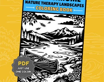Monochrome Coloring Book Pages – 40 Nature Therapy Landscape One Color Printable PDF, Instant Download