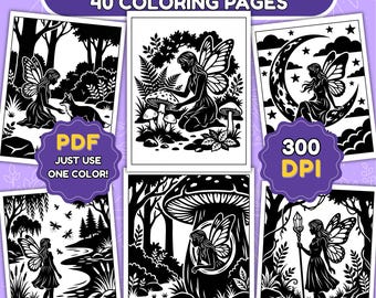 Fairies Monochrome Coloring Book – 40 One-Color Enchanted Scenes for Adults and Teens (Printable PDF)