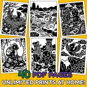 May include: A collection of six black and white coloring pages featuring fantasy creatures and landscapes. The images include a phoenix, a dragon, and other mythical figures. Text on the image reads "40 PDF PAGES" and "UNLIMITED PRINTS AT HOME!"