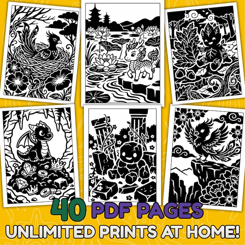 May include: A collection of six black and white coloring pages featuring fantasy creatures and landscapes. The images include a phoenix, a dragon, and other mythical figures. Text on the image reads "40 PDF PAGES" and "UNLIMITED PRINTS AT HOME!"